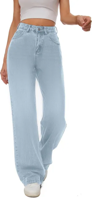 Women Casual High Waist Wide Leg Jeans Boyfriends Stretch Long Trousers Denim Pants
