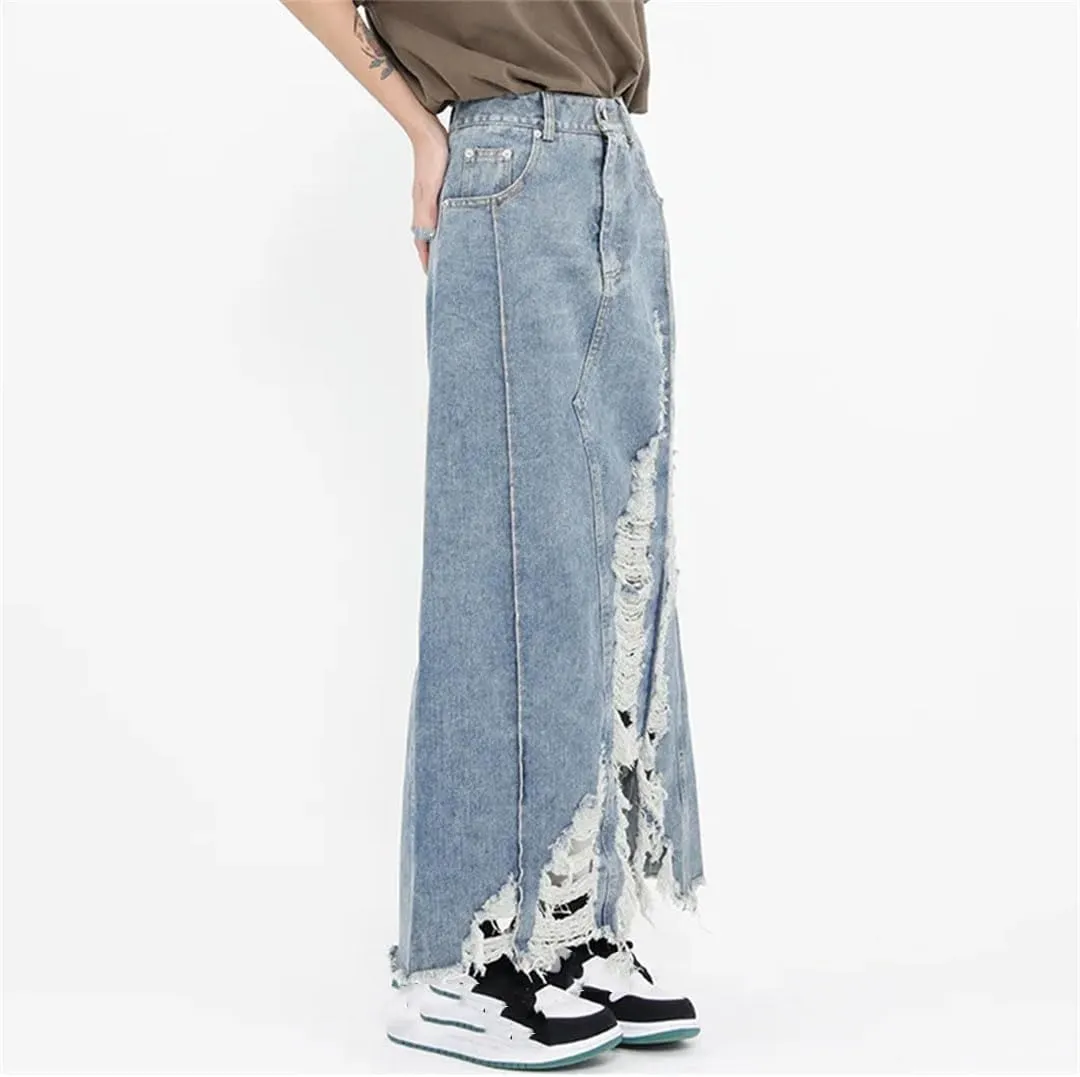 Women Casual Pockets A-Line Denim Skirt High Waist with Holes A-Line Skirts