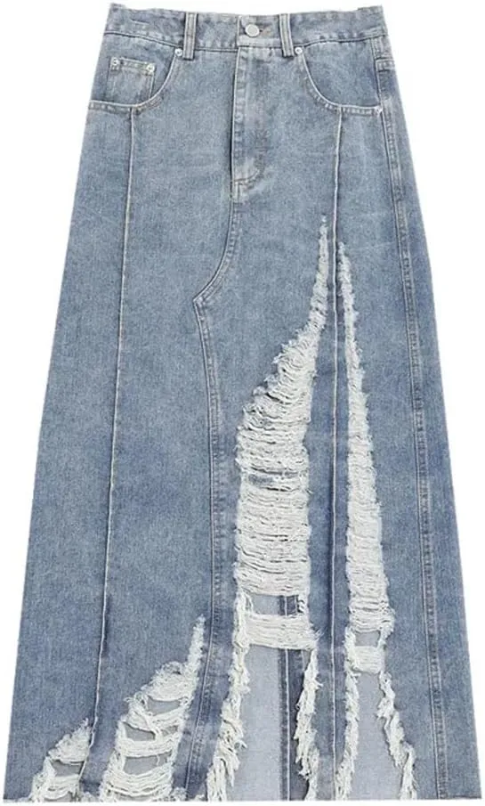 Women Casual Pockets A-Line Denim Skirt High Waist with Holes A-Line Skirts