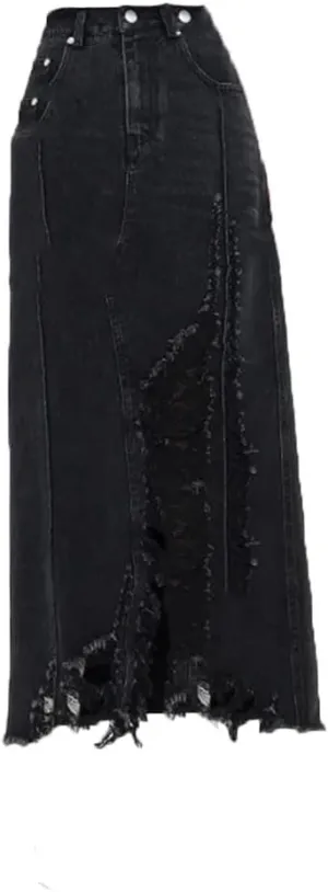 Women Casual Pockets A-Line Denim Skirt High Waist with Holes A-Line Skirts