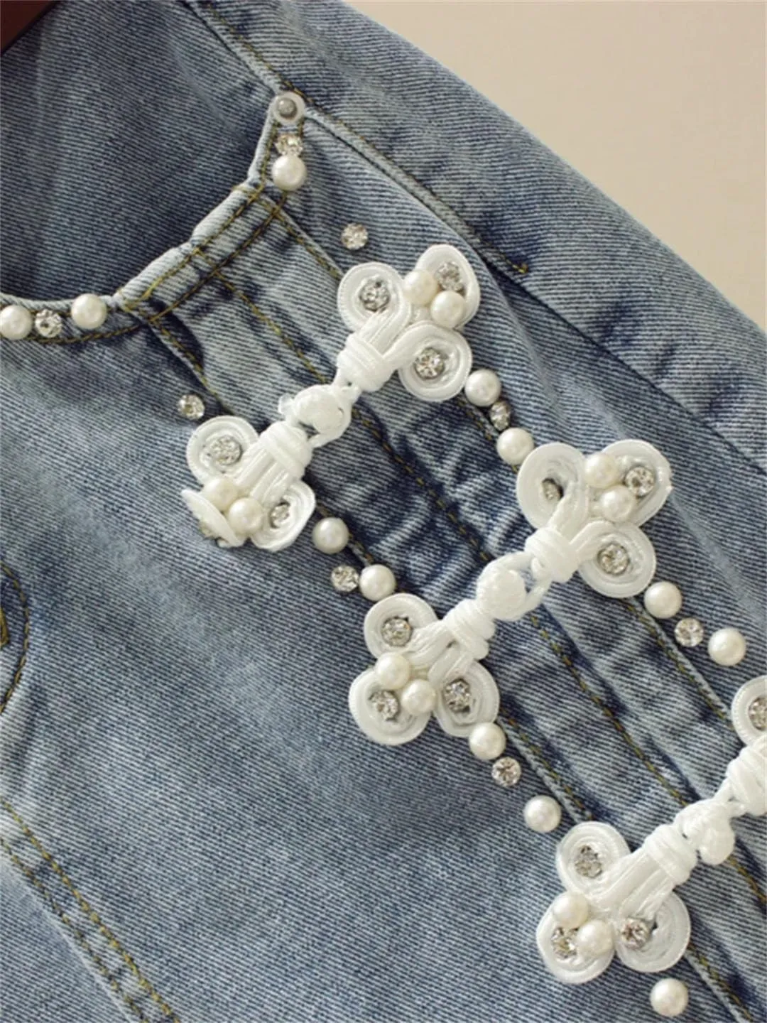 Women Chinese Style Buttons Denim Skirt Vintage Solid A-Line Skirts with Pocket