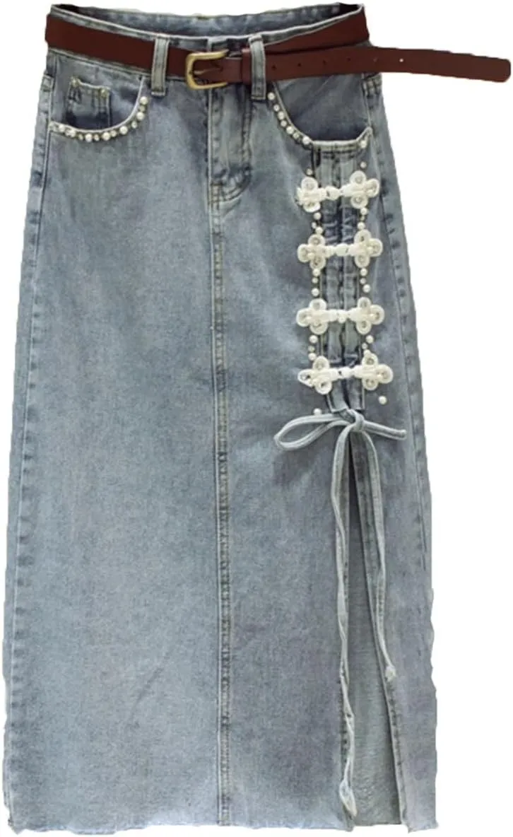 Women Chinese Style Buttons Denim Skirt Vintage Solid A-Line Skirts with Pocket