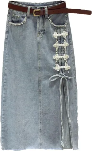 Women Chinese Style Buttons Denim Skirt Vintage Solid A-Line Skirts with Pocket