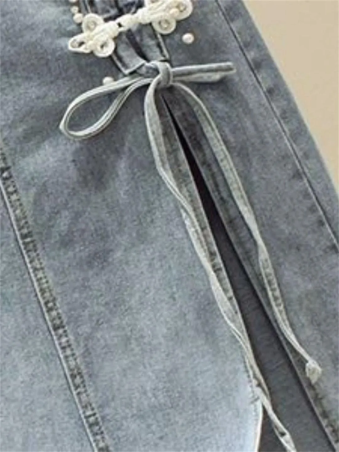Women Chinese Style Buttons Denim Skirt Vintage Solid A-Line Skirts with Pocket