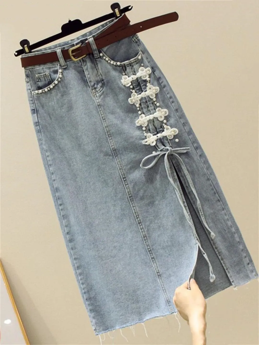 Women Chinese Style Buttons Denim Skirt Vintage Solid A-Line Skirts with Pocket