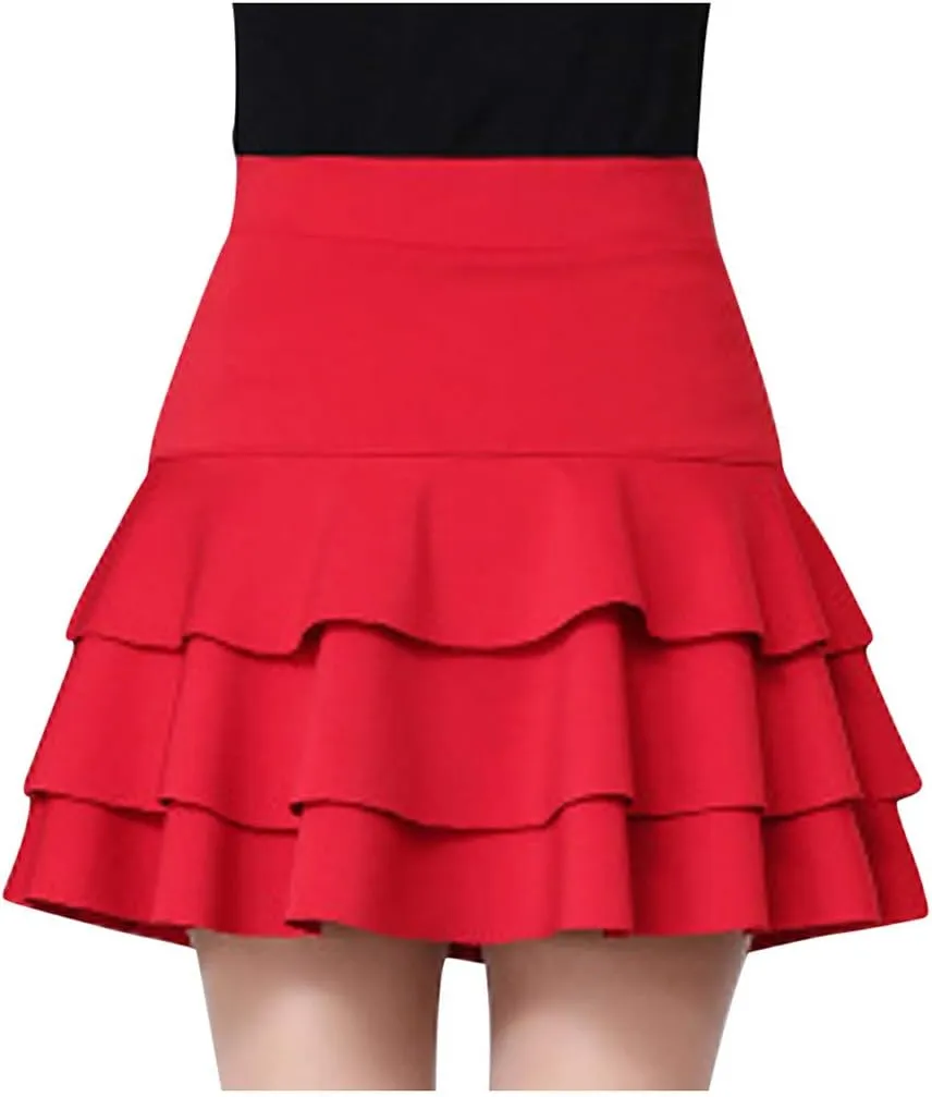 Women Elastic High Waist Skirt Mini Skirts Ruffle Layered Pleated Skirts Solid Casual Three-Layer Base Women