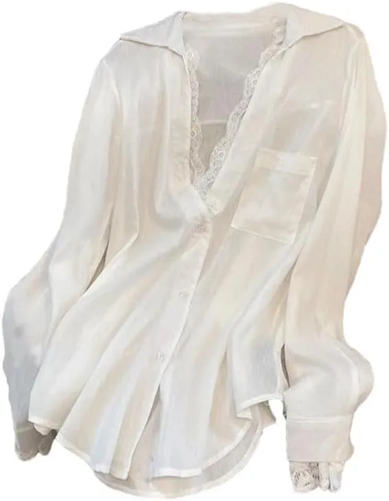 Women Fashion Patchwork Blouses Lace See Through Long Sleeve Oversized All Match Top Shirts