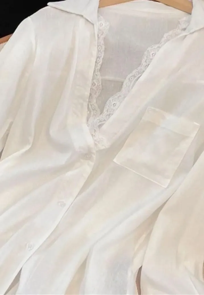 Women Fashion Patchwork Blouses Lace See Through Long Sleeve Oversized All Match Top Shirts