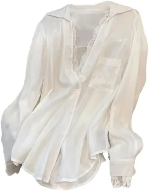 Women Fashion Patchwork Blouses Lace See Through Long Sleeve Oversized All Match Top Shirts