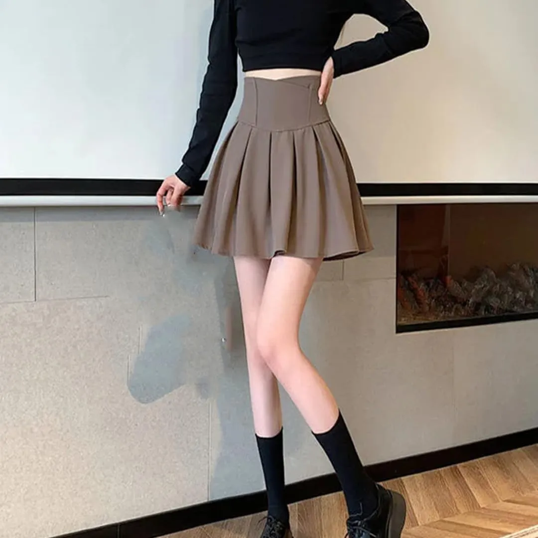 Women Fashion Zipper High Waist Mini Pleated Skirt Elastic A-Line Skirts