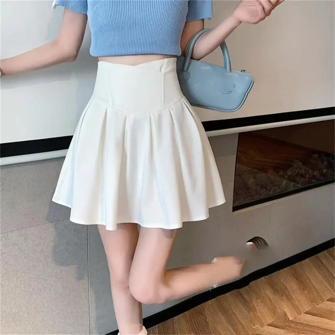 Women Fashion Zipper High Waist Mini Pleated Skirt Elastic A-Line Skirts