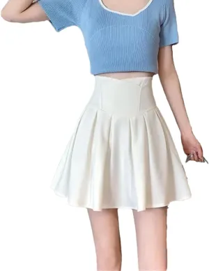 Women Fashion Zipper High Waist Mini Pleated Skirt Elastic A-Line Skirts