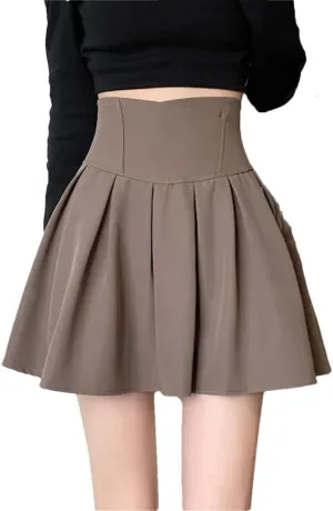 Women Fashion Zipper High Waist Mini Pleated Skirt Elastic A-Line Skirts