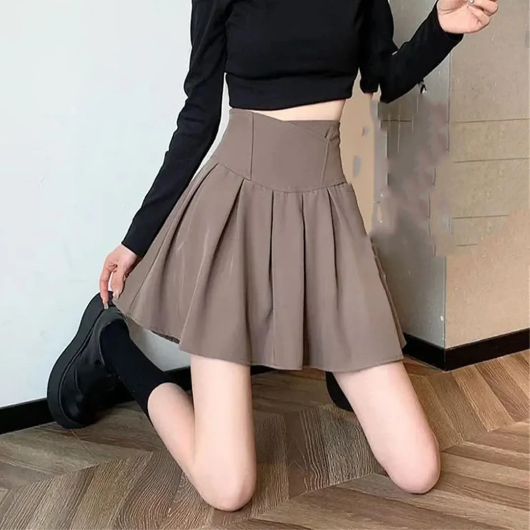 Women Fashion Zipper High Waist Mini Pleated Skirt Elastic A-Line Skirts