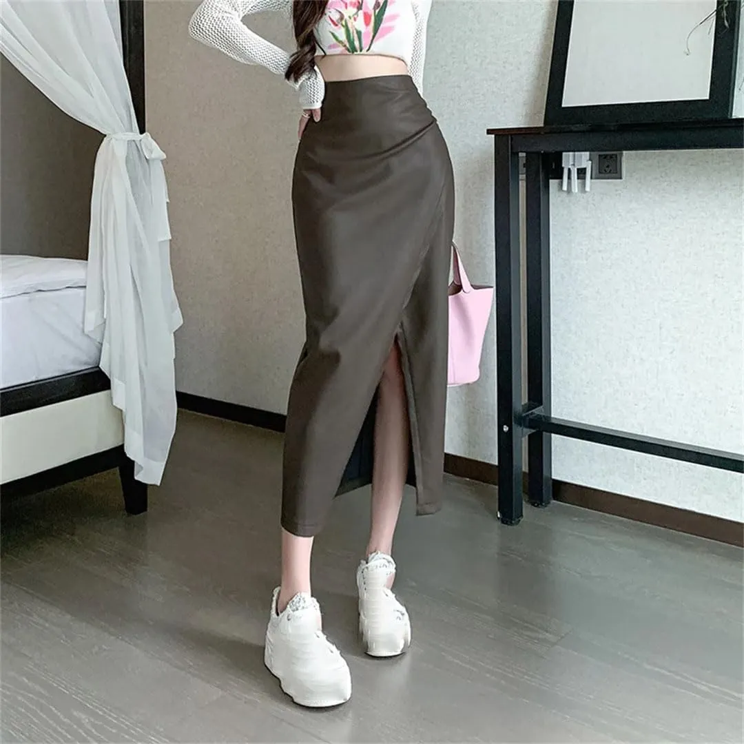 Women Front Split Leather Long Skirts Solid High Waist Office Pleated A-Line Skirts