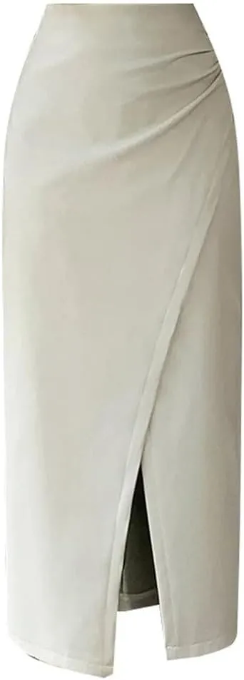 Women Front Split Leather Long Skirts Solid High Waist Office Pleated A-Line Skirts