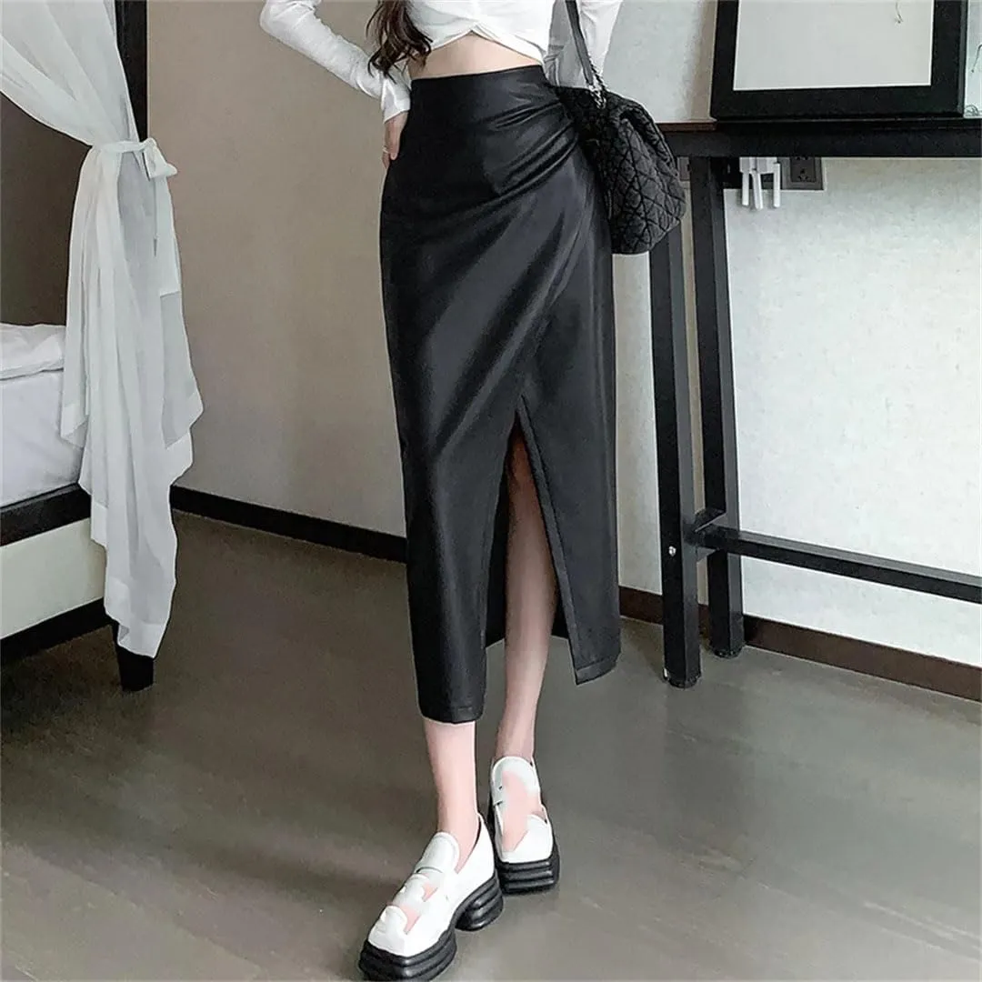 Women Front Split Leather Long Skirts Solid High Waist Office Pleated A-Line Skirts