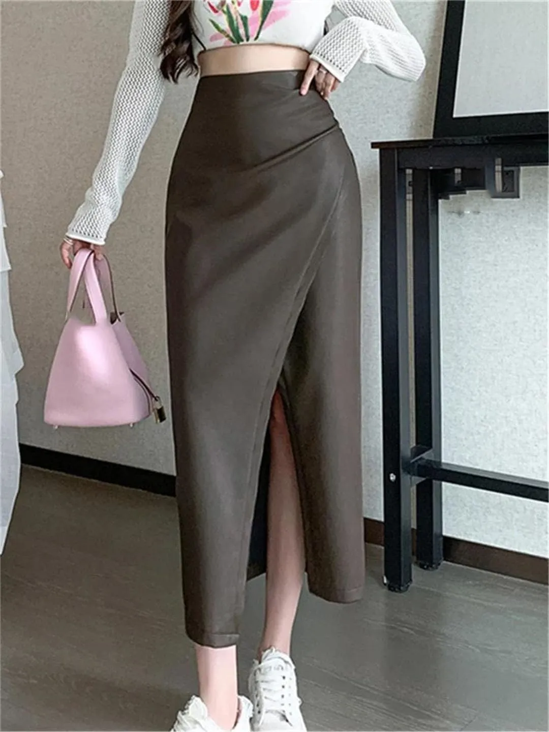 Women Front Split Leather Long Skirts Solid High Waist Office Pleated A-Line Skirts