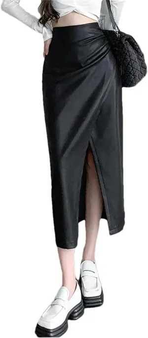Women Front Split Leather Long Skirts Solid High Waist Office Pleated A-Line Skirts