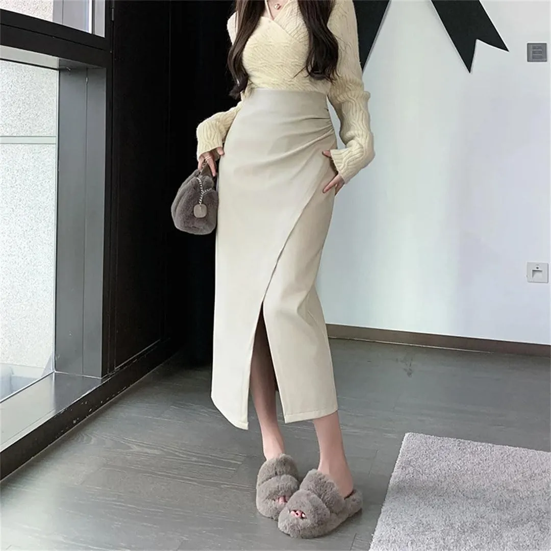 Women Front Split Leather Long Skirts Solid High Waist Office Pleated A-Line Skirts