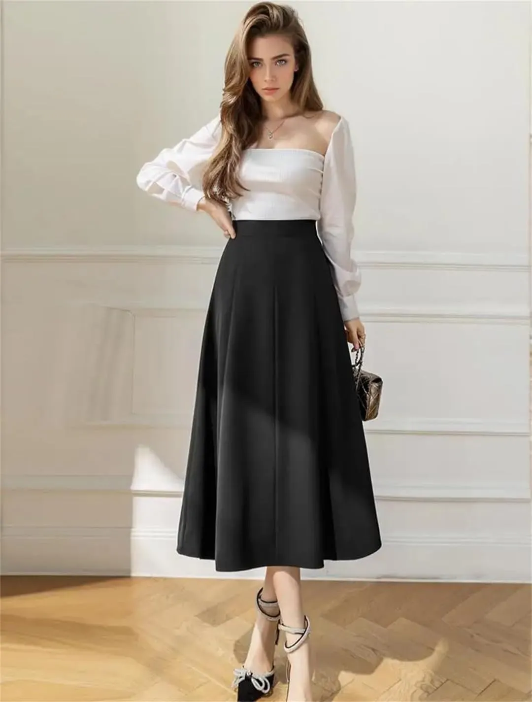 Women High Waist All-Match A-Line Skirts Long Elegant Office OL Midi Skirt