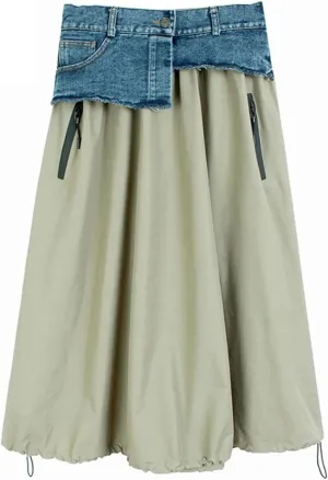 Women Irregular Spliced with Pocket Denim Skirt High Elastic Waist Casual A-Line Skirts