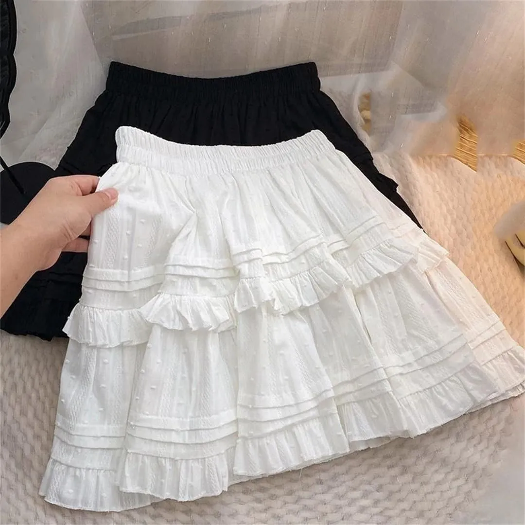 Women Lace Mini Skirt Pleated Ruffles High Waist A Line Skirts