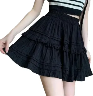 Women Lace Mini Skirt Pleated Ruffles High Waist A Line Skirts