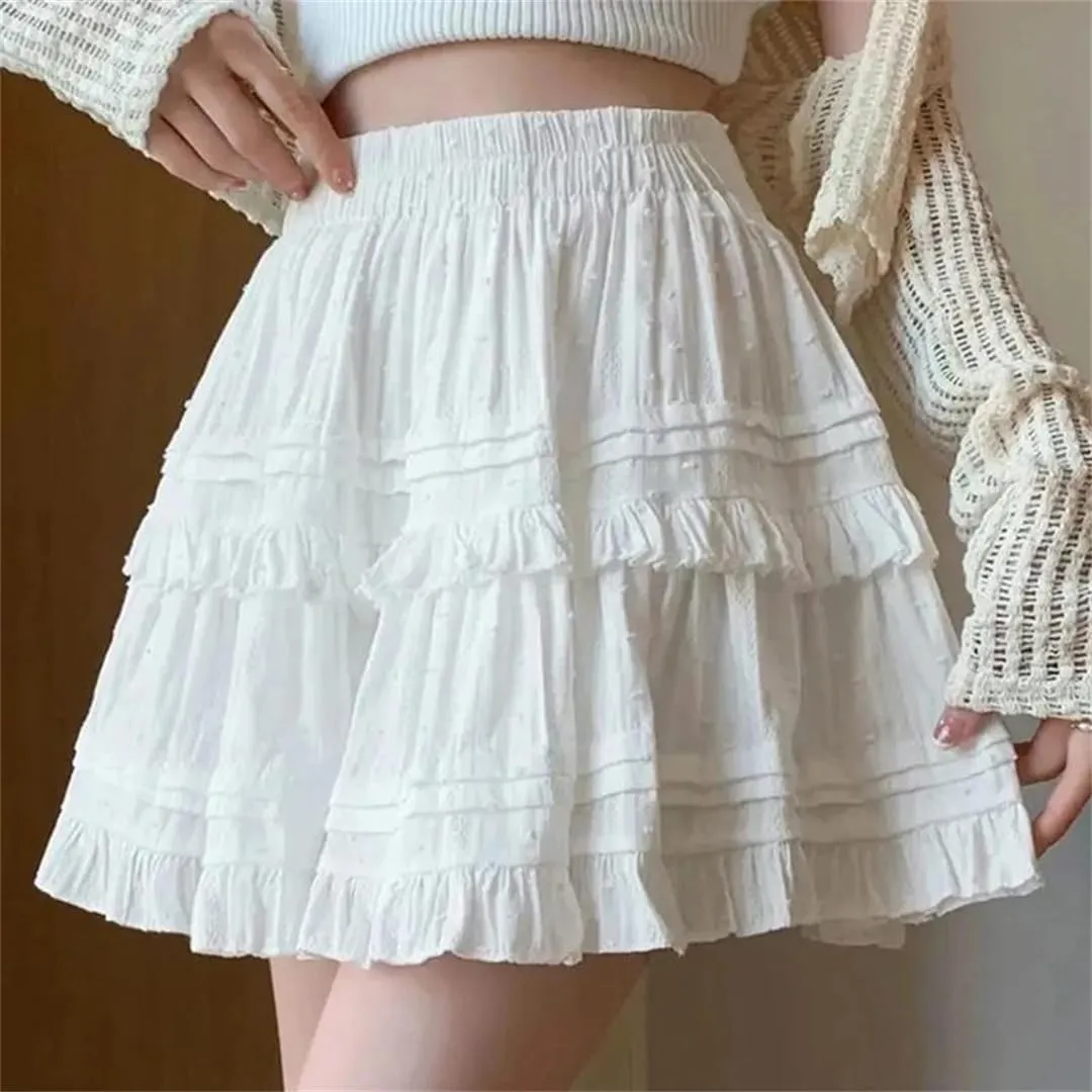 Women Lace Mini Skirt Pleated Ruffles High Waist A Line Skirts