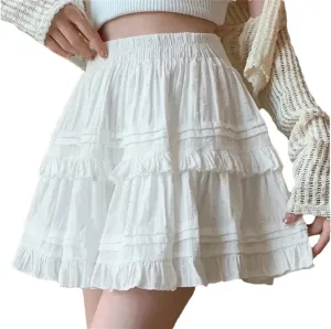 Women Lace Mini Skirt Pleated Ruffles High Waist A Line Skirts