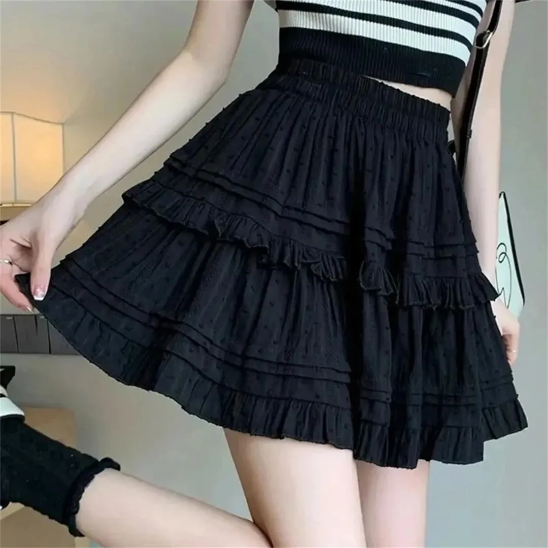 Women Lace Mini Skirt Pleated Ruffles High Waist A Line Skirts