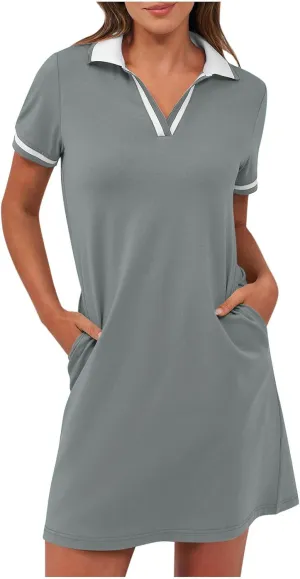 Women Lapel Short Sleeve Dresses 2025 Summer Casual Athletic Dress with Pocket, Ladies Golf Dress T-Shirt Dresses