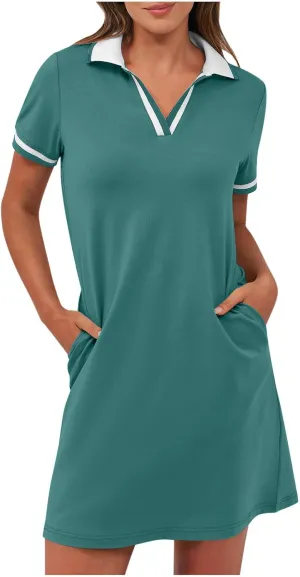 Women Lapel Short Sleeve Dresses 2025 Summer Casual Athletic Dress with Pocket, Ladies Golf Dress T-Shirt Dresses