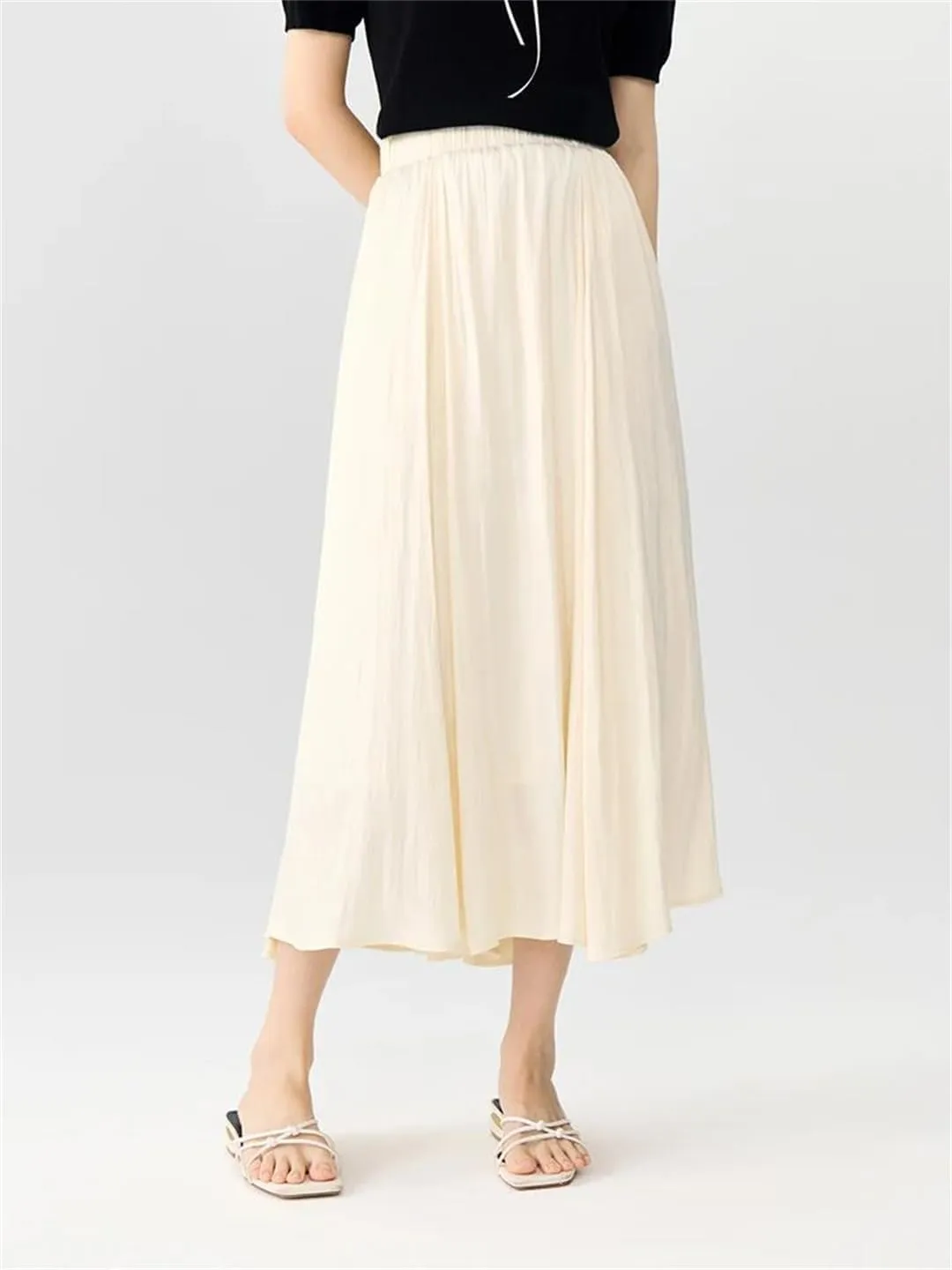 Women Long A-LINE Skirts High Waist Elastic Waist Twill Blue Skirts