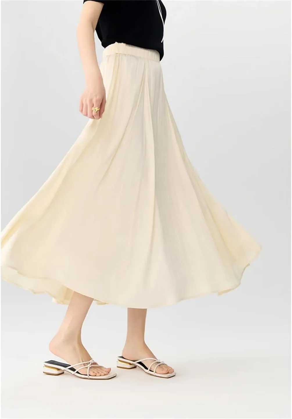 Women Long A-LINE Skirts High Waist Elastic Waist Twill Blue Skirts