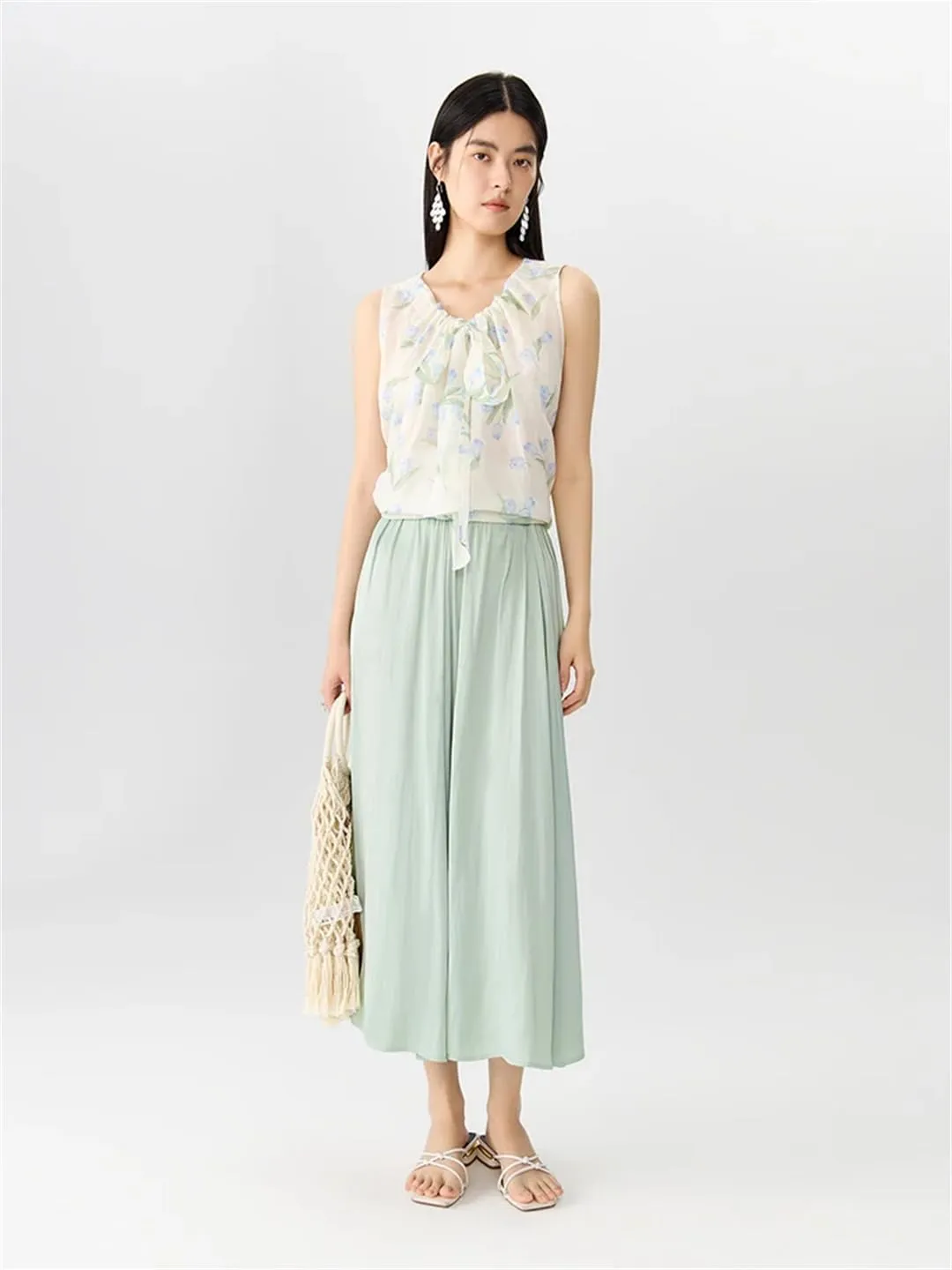 Women Long A-LINE Skirts High Waist Elastic Waist Twill Blue Skirts