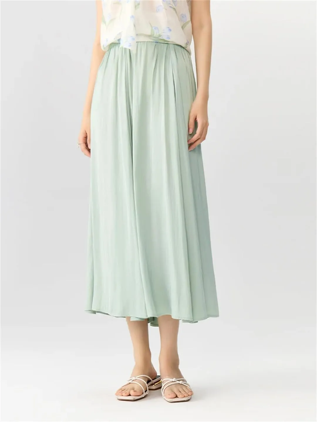 Women Long A-LINE Skirts High Waist Elastic Waist Twill Blue Skirts