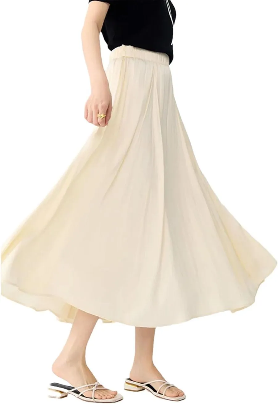 Women Long A-LINE Skirts High Waist Elastic Waist Twill Blue Skirts