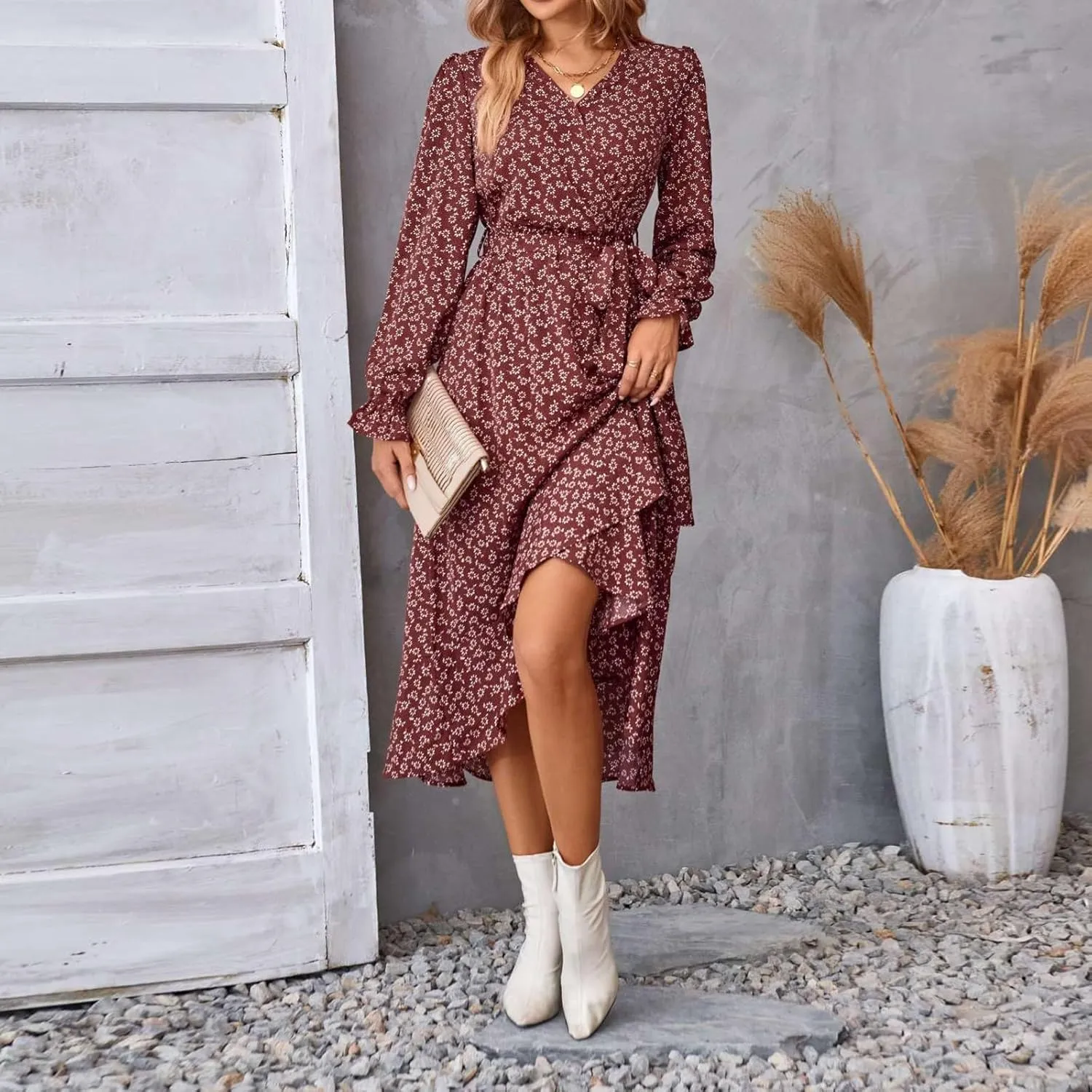 Women Long Sleeve Dresses 2025 Spring Summer Clothes V Neck Floral High Waist Ruffle Boho Wedding Guest Dress