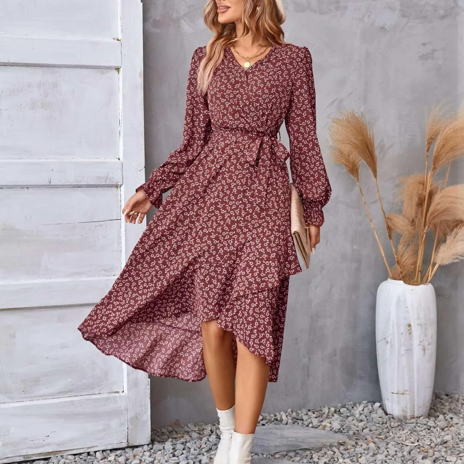 Women Long Sleeve Dresses 2025 Spring Summer Clothes V Neck Floral High Waist Ruffle Boho Wedding Guest Dress
