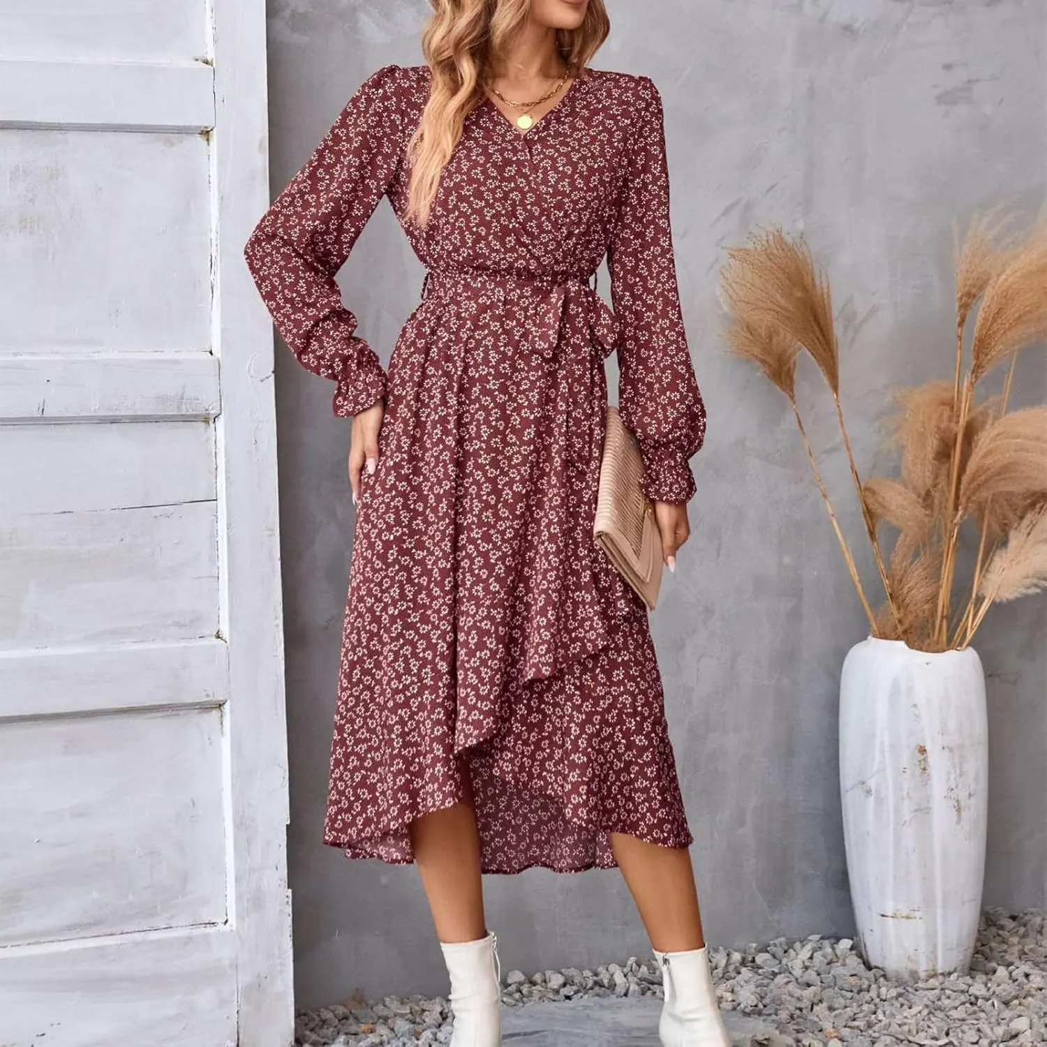 Women Long Sleeve Dresses 2025 Spring Summer Clothes V Neck Floral High Waist Ruffle Boho Wedding Guest Dress