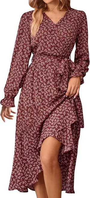 Women Long Sleeve Dresses 2025 Spring Summer Clothes V Neck Floral High Waist Ruffle Boho Wedding Guest Dress