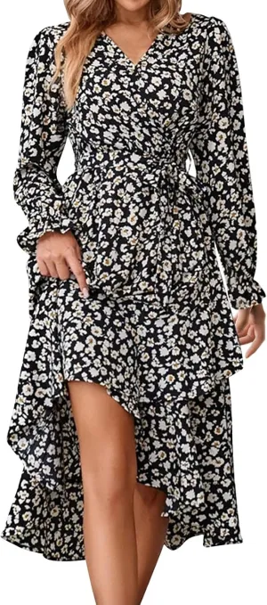 Women Long Sleeve Dresses 2025 Spring Summer Clothes V Neck Floral High Waist Ruffle Boho Wedding Guest Dress