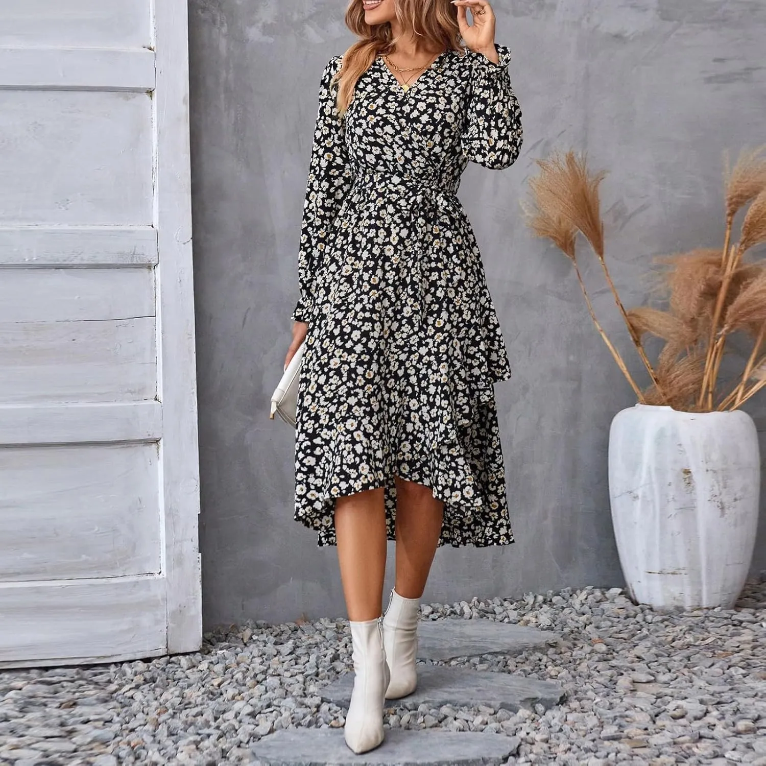 Women Long Sleeve Dresses 2025 Spring Summer Clothes V Neck Floral High Waist Ruffle Boho Wedding Guest Dress
