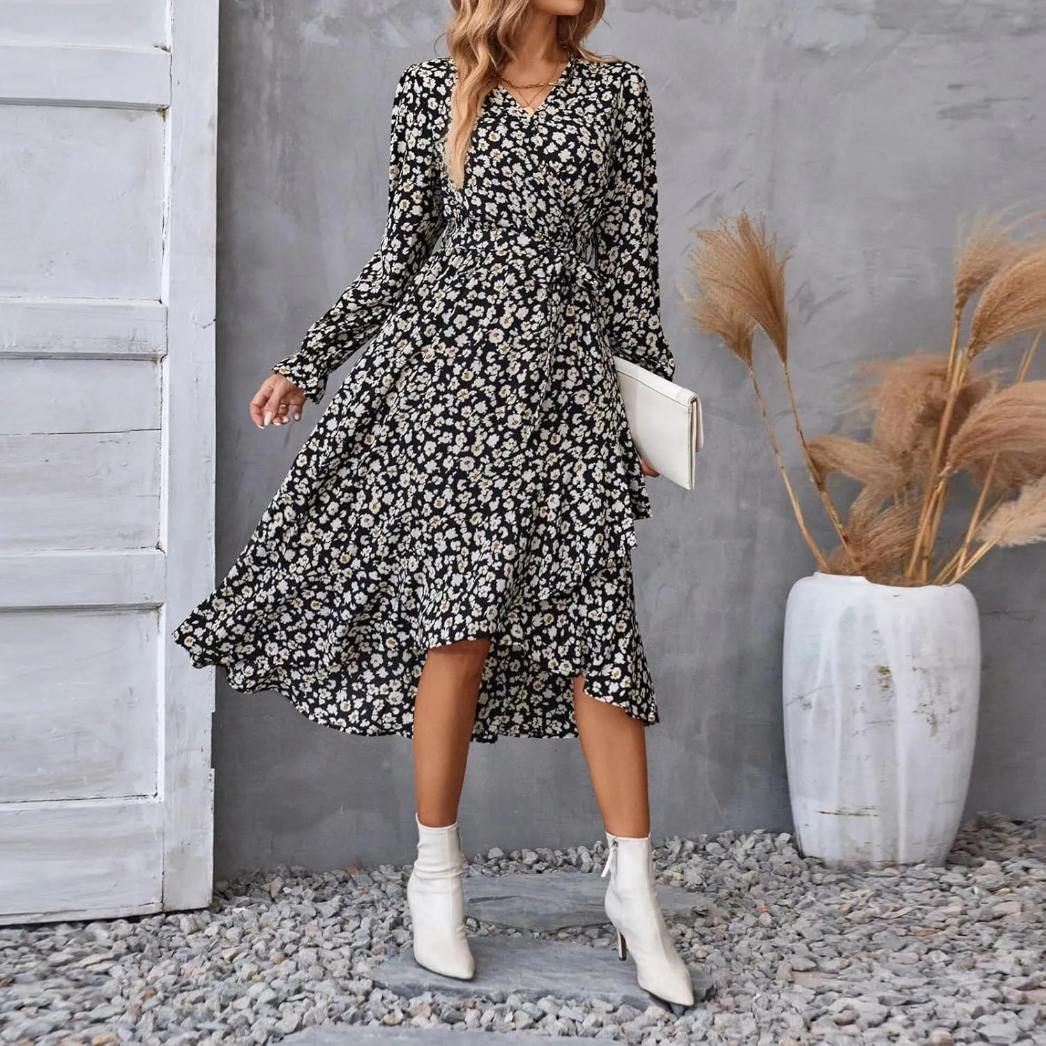 Women Long Sleeve Dresses 2025 Spring Summer Clothes V Neck Floral High Waist Ruffle Boho Wedding Guest Dress
