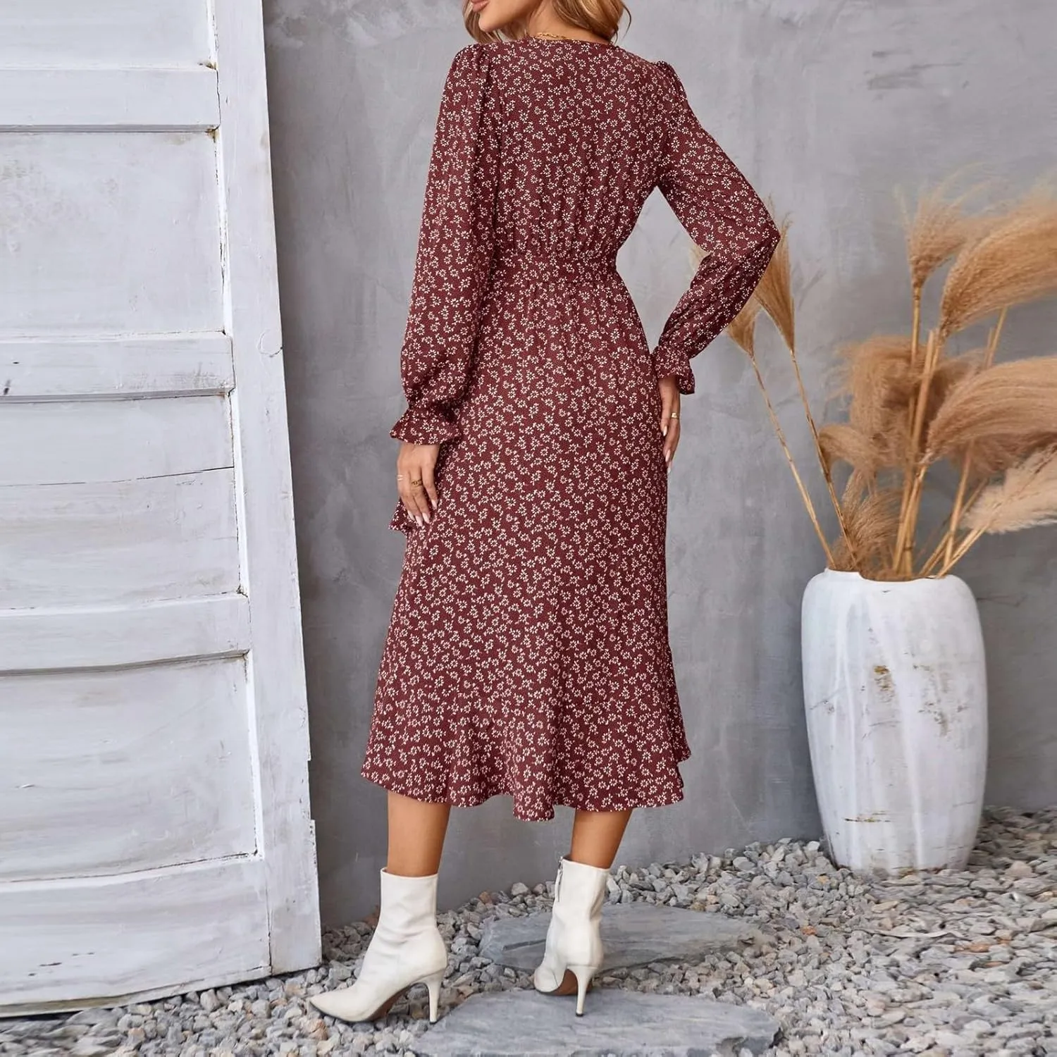 Women Long Sleeve Dresses 2025 Spring Summer Clothes V Neck Floral High Waist Ruffle Boho Wedding Guest Dress