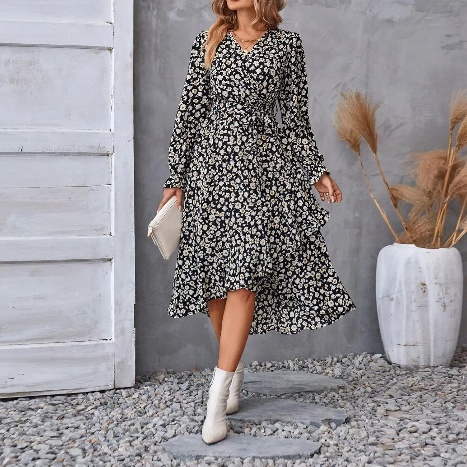 Women Long Sleeve Dresses 2025 Spring Summer Clothes V Neck Floral High Waist Ruffle Boho Wedding Guest Dress