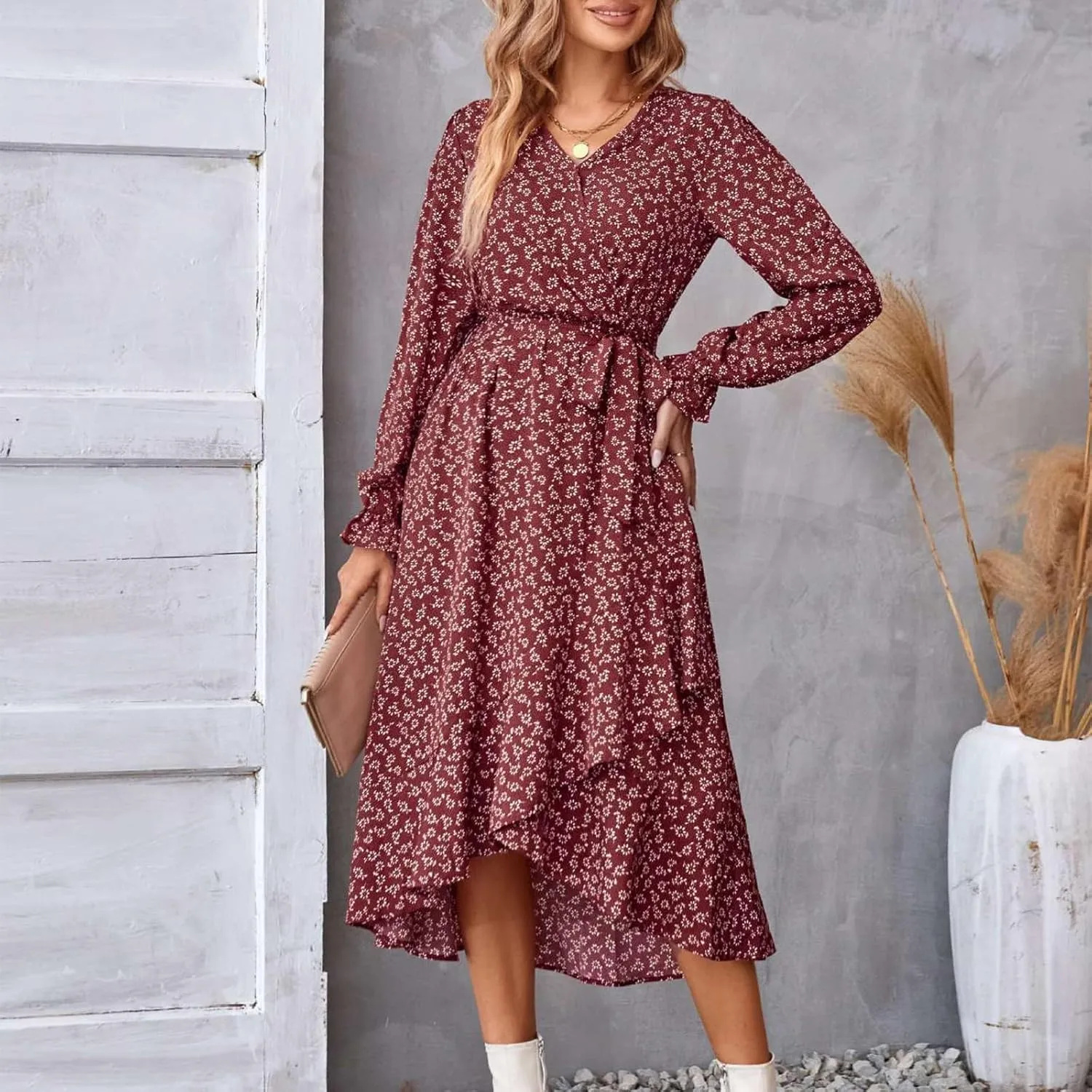 Women Long Sleeve Dresses 2025 Spring Summer Clothes V Neck Floral High Waist Ruffle Boho Wedding Guest Dress