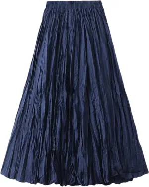 Women Pleated A-Line Skirts Casual Solid Color Vintage Harajuku Long Skirt