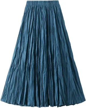 Women Pleated A-Line Skirts Casual Solid Color Vintage Harajuku Long Skirt